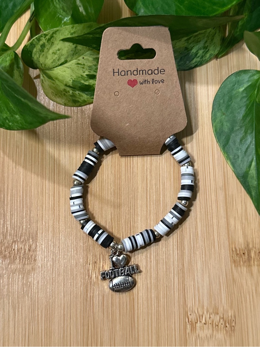 🏈✨ Football Stretchy Beaded Bracelet | Handmade | Silver Football Dangle Charm